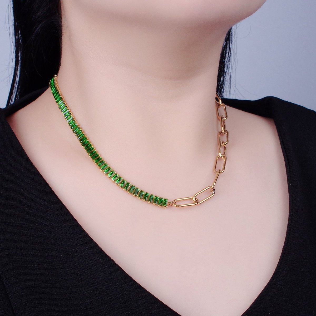 Fusion Necklace Half Baguette Tennis Chain, Half Paper Clip Chain, Statement 24K Gold Filled Necklace with Toggle | WA-945 WA-946 WA-949 WA-950 Clearance Pricing - DLUXCA