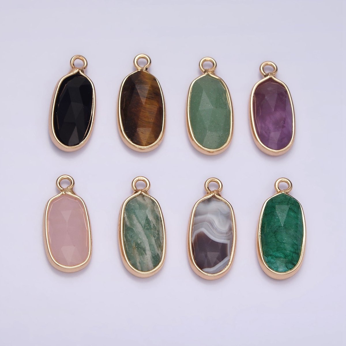 Gemstone Faceted Oval Gold Edge Pendant Charm Rose Quartz Onyx Amazon Charm N-1705 - N-1712 - DLUXCA