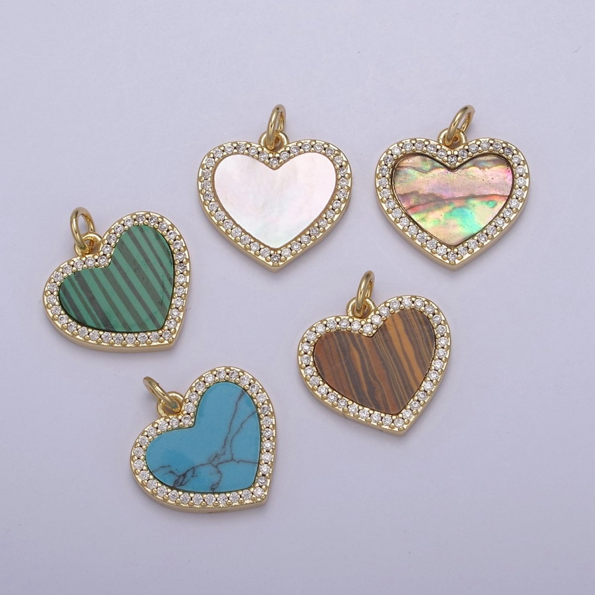 Gemstone Heart Charm, Boho Heart Pendant for Necklace, Turquoise Heart Pendant, Malachite Heart Pendant, Tiger Eye Pearl Abalone Heart Charm for Jewelry Making N-896 - N-900 - DLUXCA