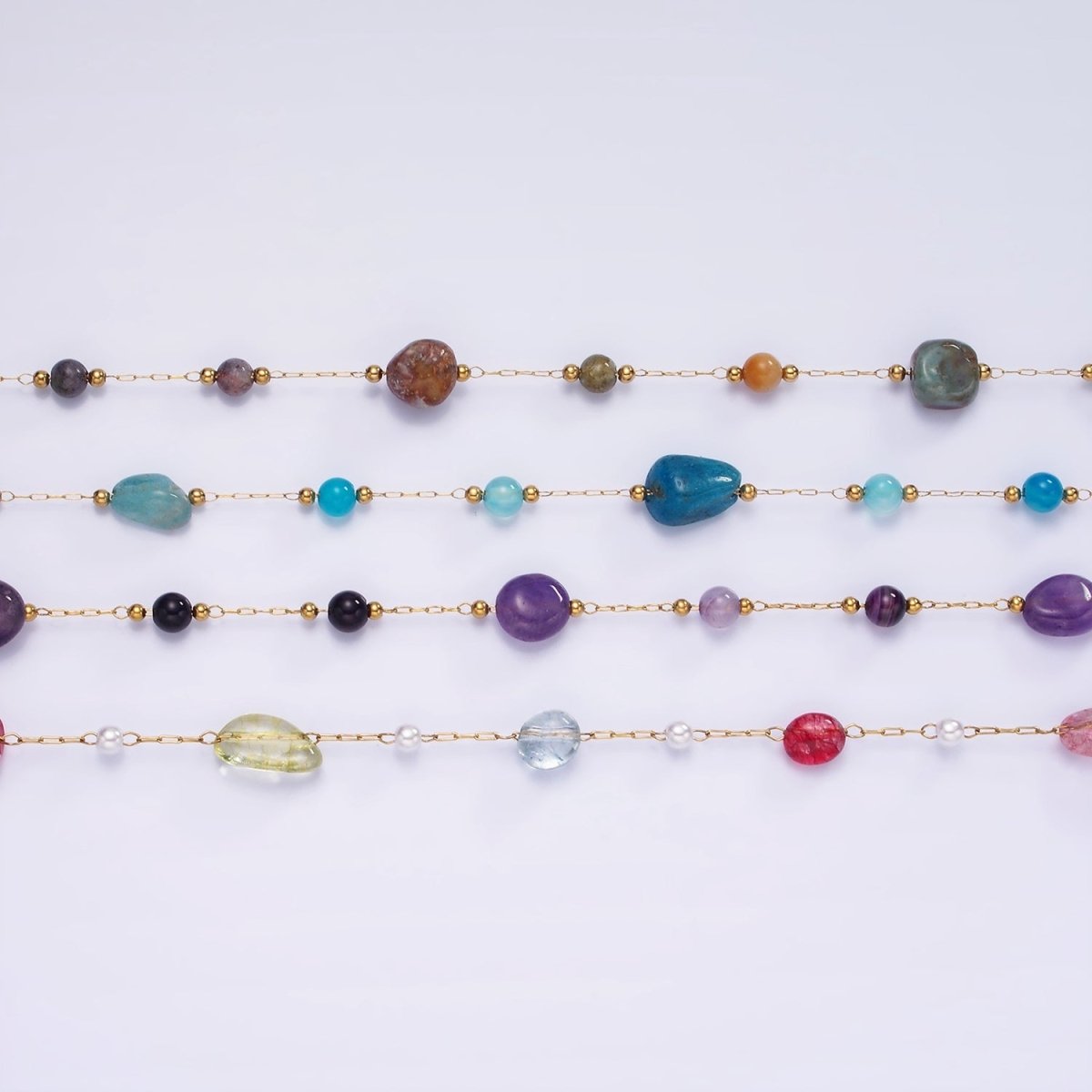 Gemstone Stone Rosary Chain in Gold Stainless Steel Cable Chain ROLL-1500 1501 5102 - DLUXCA