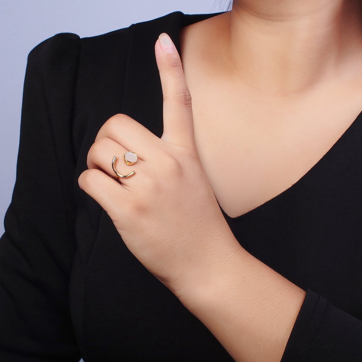 Geometric Crescent Round Shell Pearl Adjustable Gold Ring | Y-546 - DLUXCA