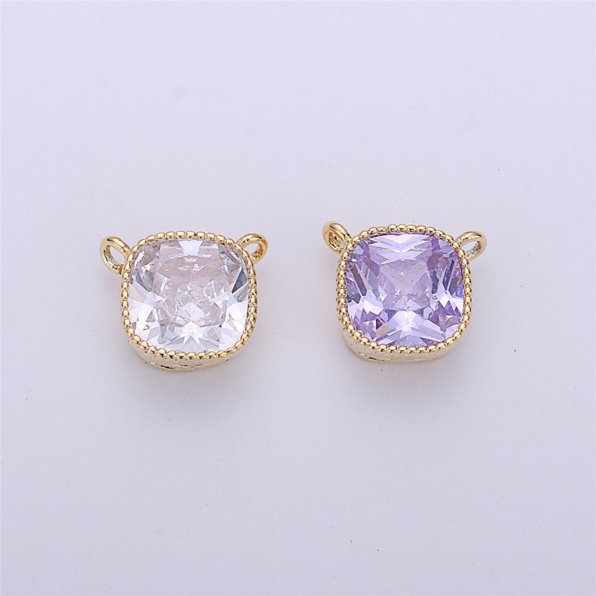 Glass faceted flat Square pendant charm with gold Filled frame, Clear Purple glass charm 8x7 mm, framed glass with Gold Edge Double Bail F-297 - DLUXCA