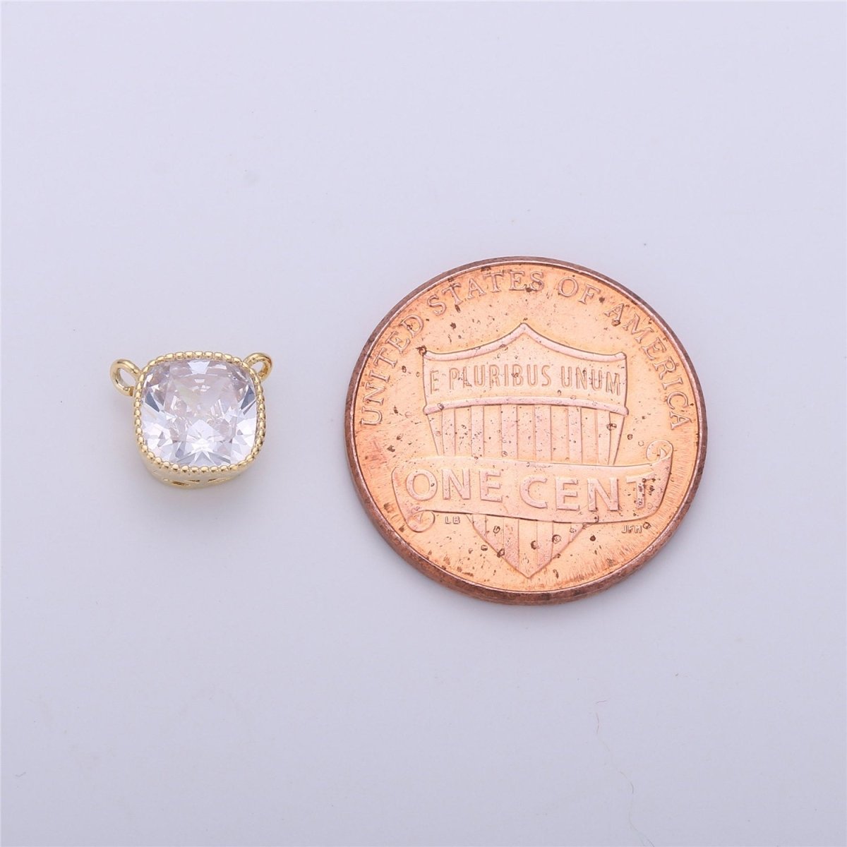 Glass faceted flat Square pendant charm with gold Filled frame, Clear Purple glass charm 8x7 mm, framed glass with Gold Edge Double Bail F-297 - DLUXCA