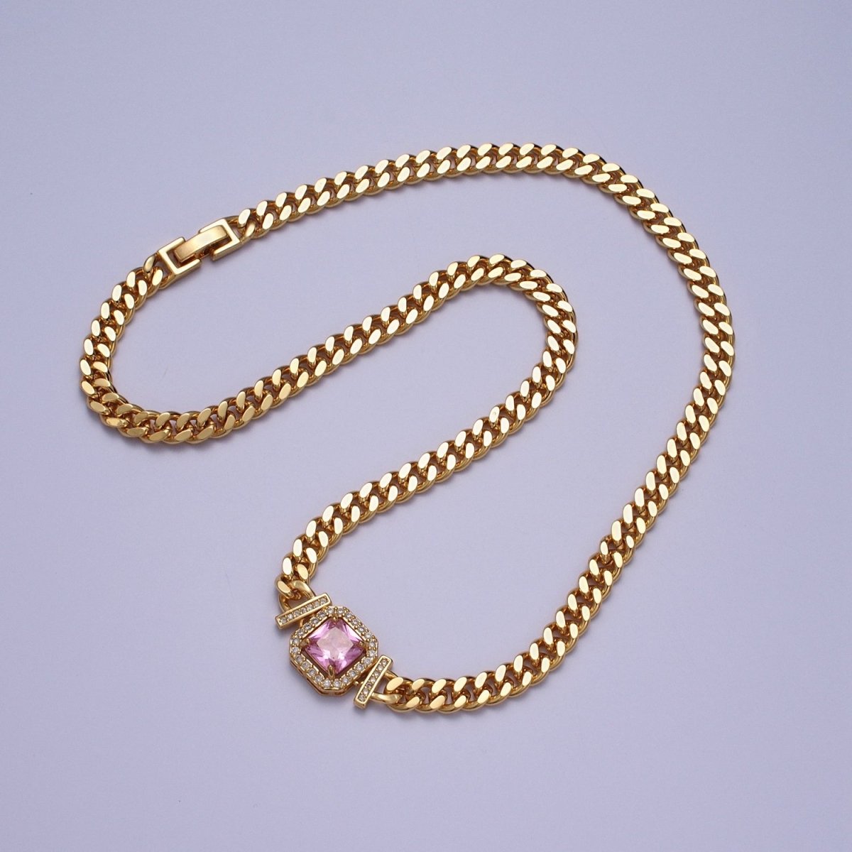 Gold 18 Inch Micro Paved Baguette CZ Flat Curb Link Chain Necklace | WA-1200 - WA-1218 Clearance Pricing - DLUXCA