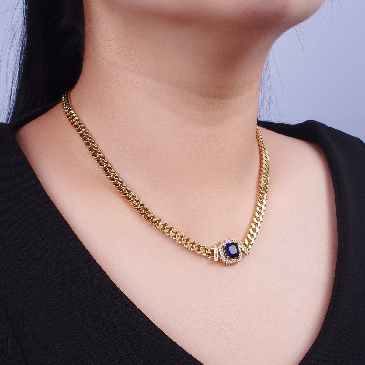 Gold 18 Inch Micro Paved Baguette CZ Flat Curb Link Chain Necklace | WA-1200 - WA-1218 Clearance Pricing - DLUXCA