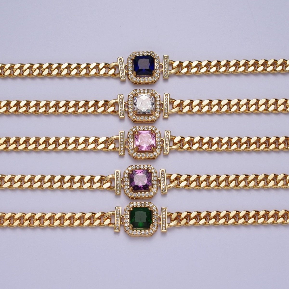 Gold 18 Inch Micro Paved Baguette CZ Flat Curb Link Chain Necklace | WA-1200 - WA-1218 Clearance Pricing - DLUXCA