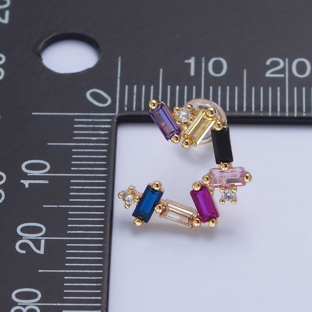 Gold Abstract Circular Zig Zag Multicolor Baguette Stud Earrings | T-476 - DLUXCA