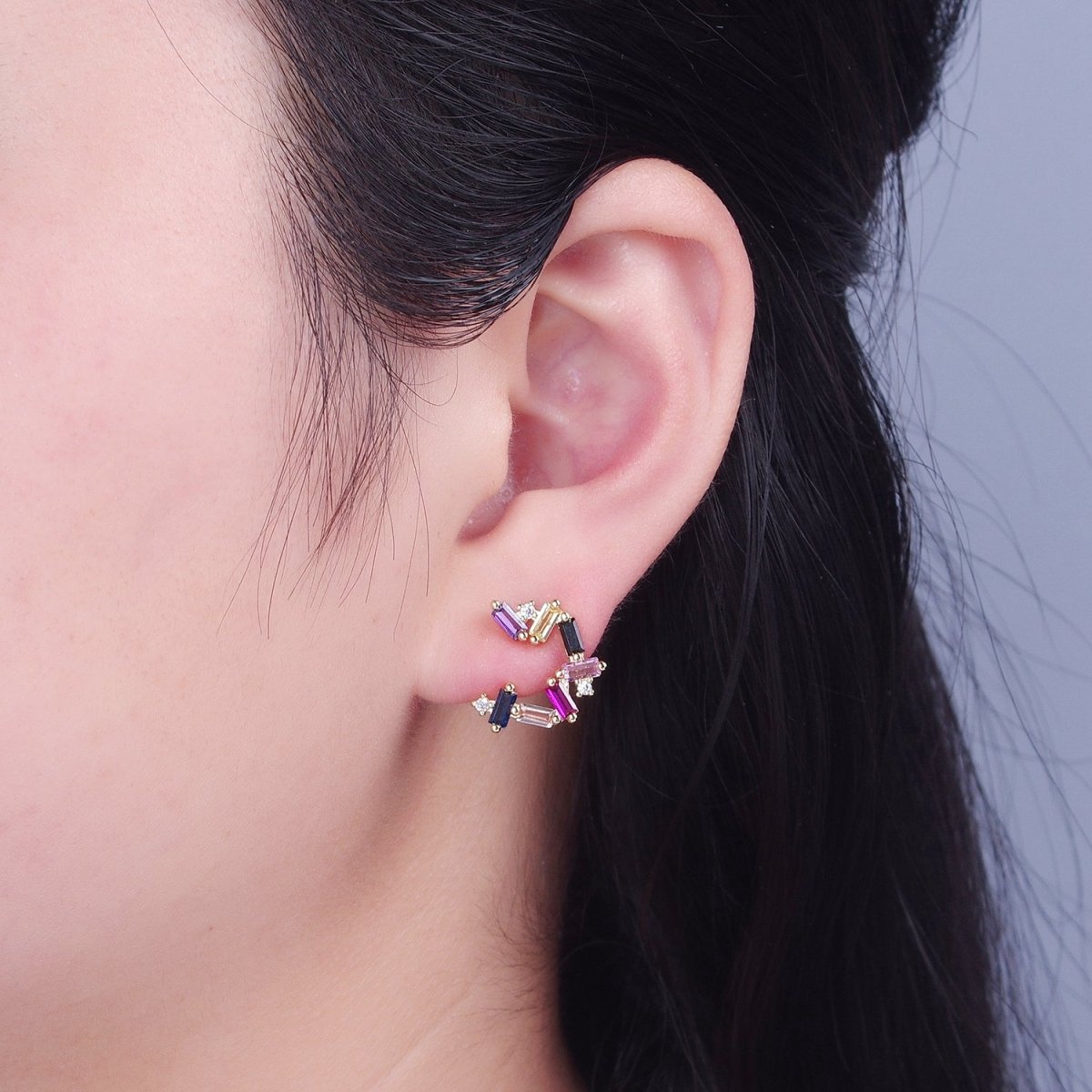 Gold Abstract Circular Zig Zag Multicolor Baguette Stud Earrings | T-476 - DLUXCA