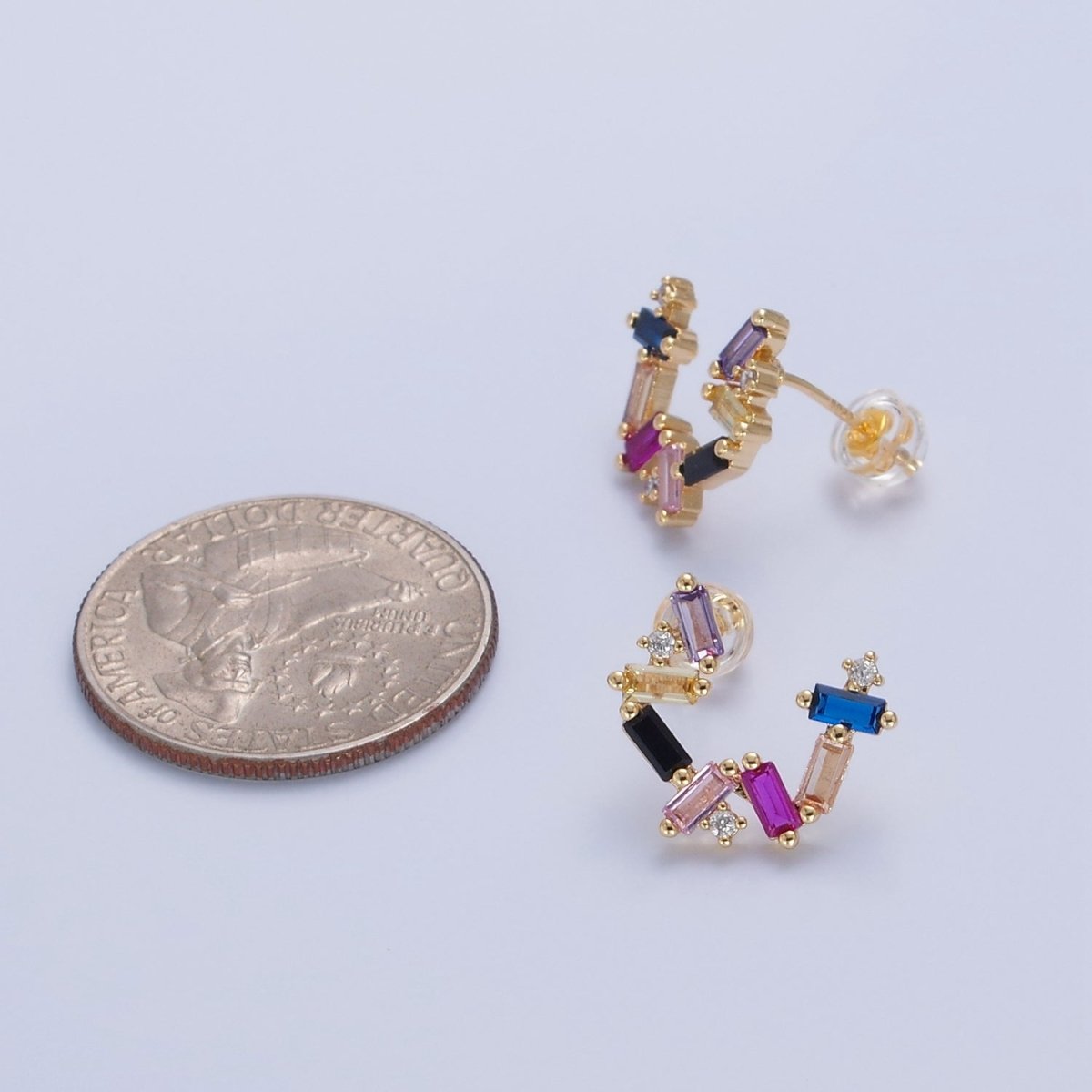 Gold Abstract Circular Zig Zag Multicolor Baguette Stud Earrings | T-476 - DLUXCA