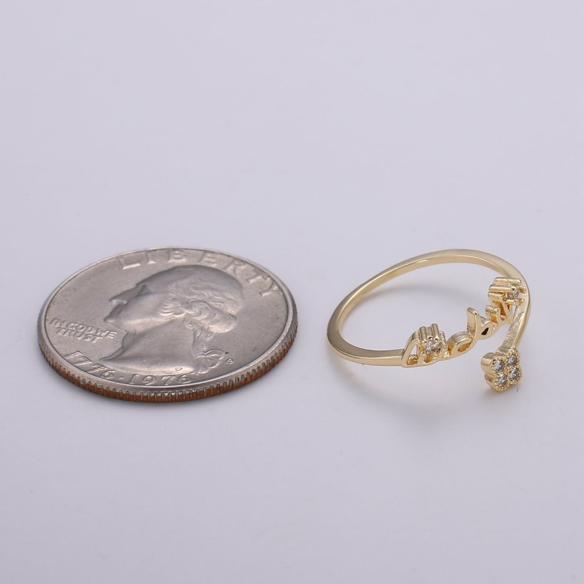 Gold Adjustable Clover Ring with Cz Stone, Four Leaf Clover Good Luck Ring for Her Floral Ring for Minimalist Jewelry R-182 - DLUXCA