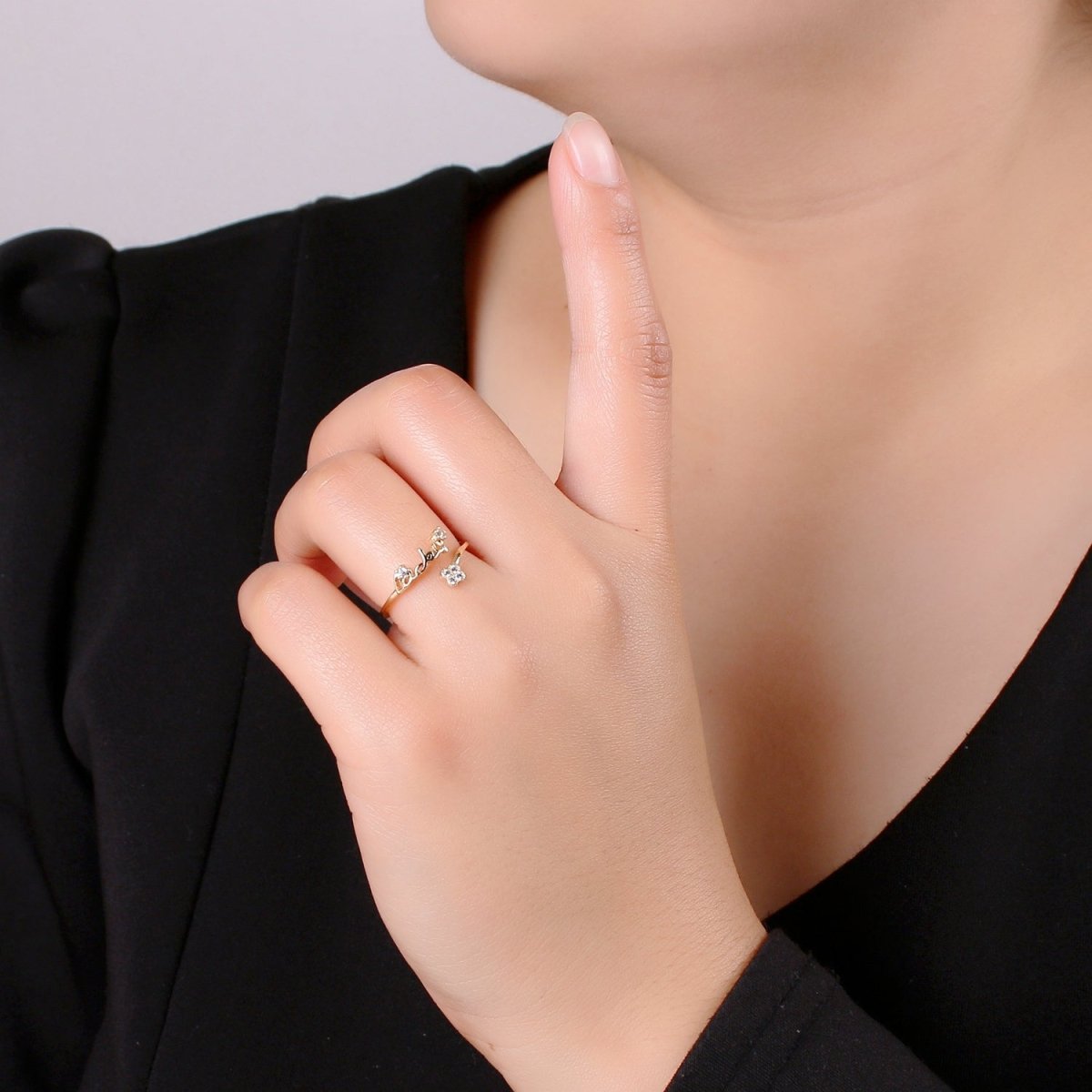 Gold Adjustable Clover Ring with Cz Stone, Four Leaf Clover Good Luck Ring for Her Floral Ring for Minimalist Jewelry R-182 - DLUXCA