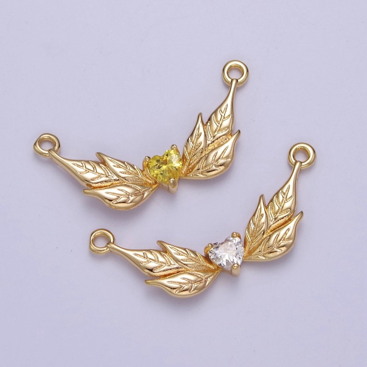 Gold Angel Charm Connector Yellow Clear Heart CZ Wing Charms, Gold Angel Wings, Necklace Bracelet Link Connector Findings F-207 F-215 - DLUXCA