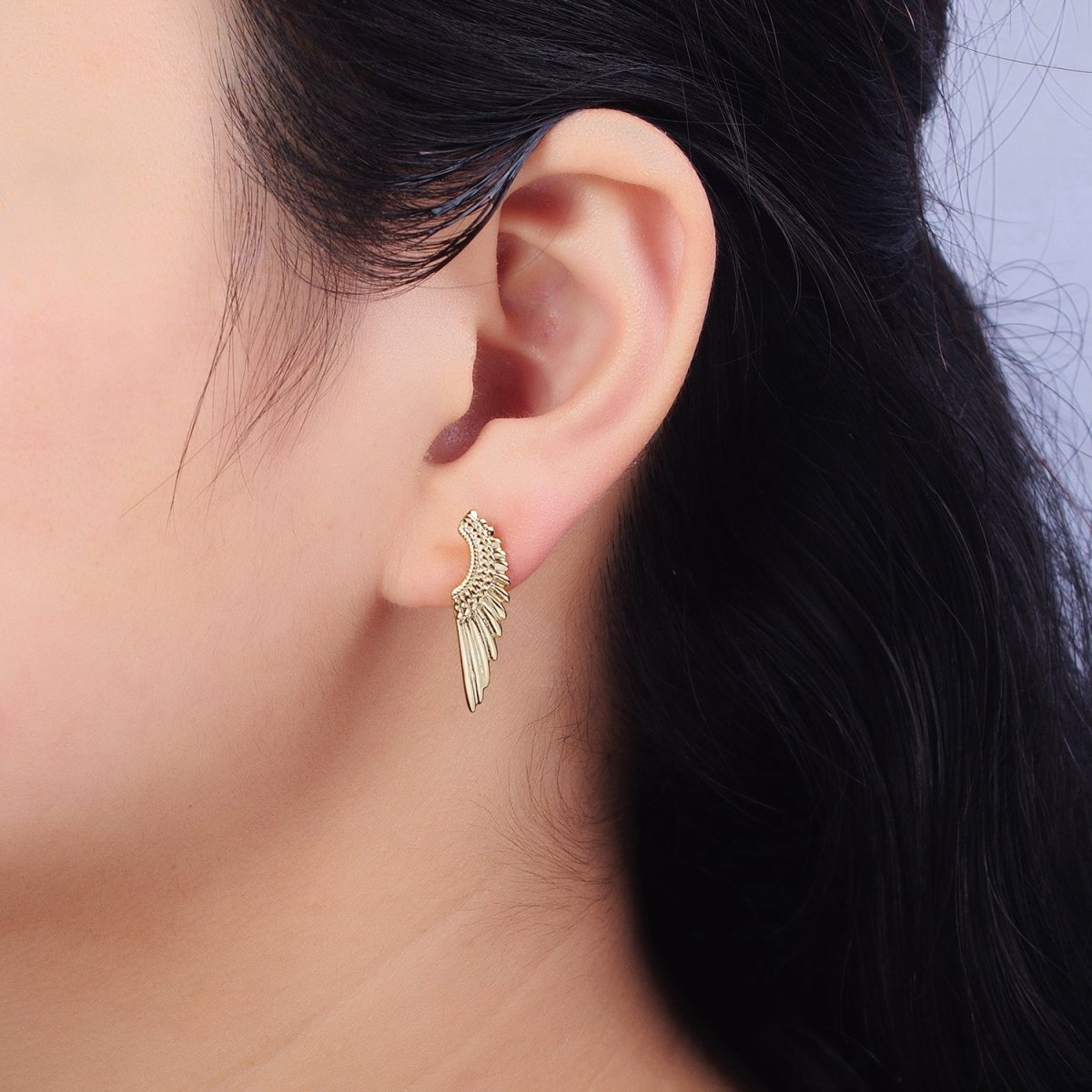 Gold Angel Feather Wings Minimalist English Lock Earrings Set | AB433 - DLUXCA