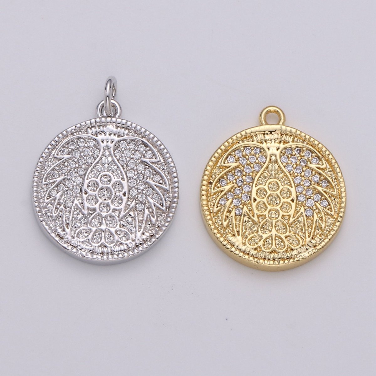 Gold Angel Wing Charm Pendant, CZ Micro Pave Angel Wing Pendant, Gold Coin Angel Wing Charm, Cubic Zirconia Micro Pave Silver Wing Charm D-442 D-443 - DLUXCA