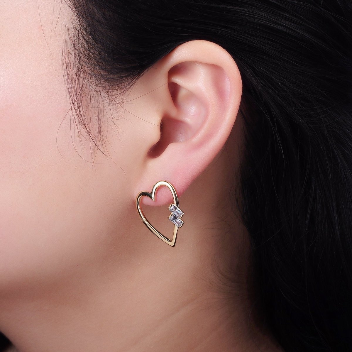 Gold Baguette Micro Paved CZ Open Heart Stud Earrings Set in Gold & Silver | AE484 AE485 - DLUXCA