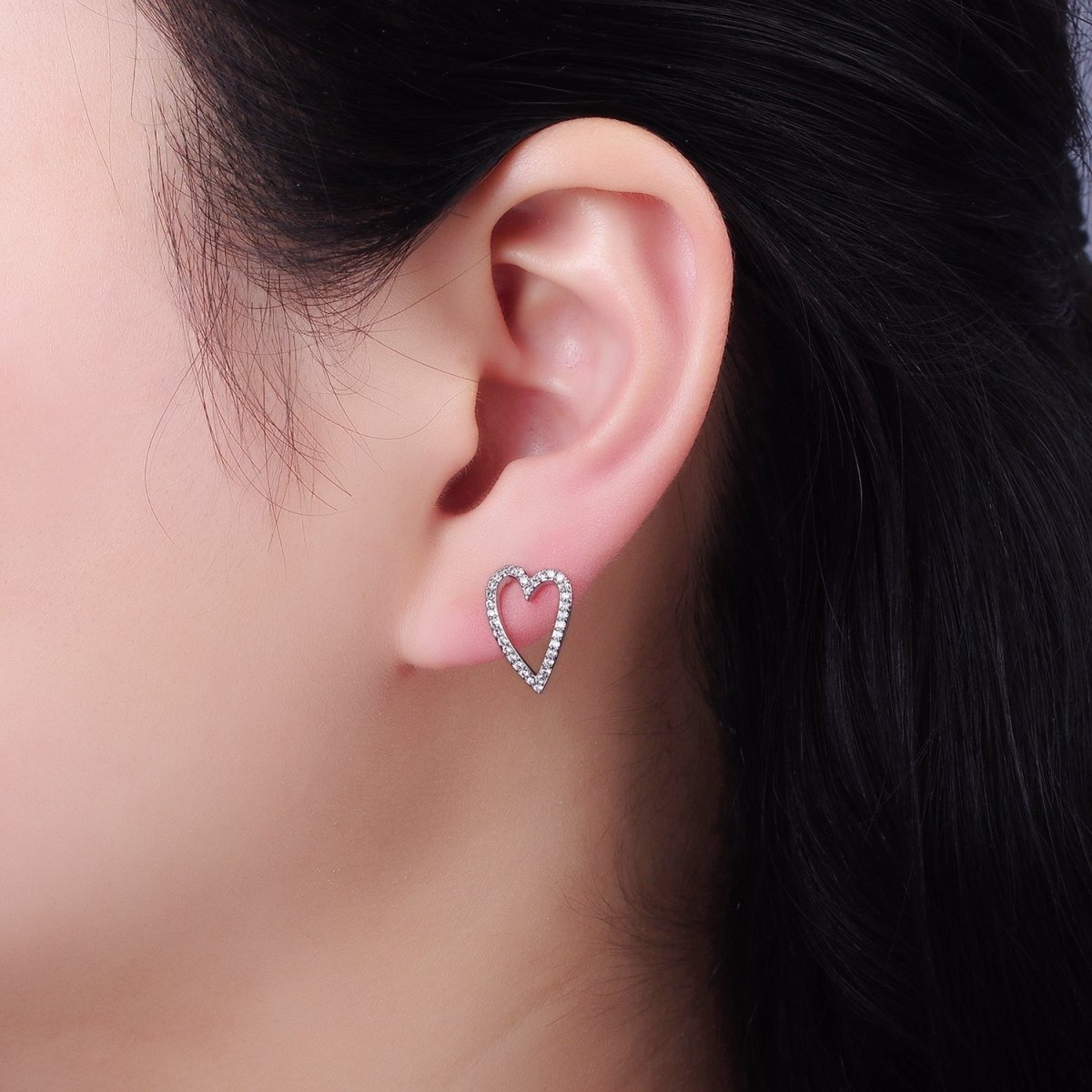 Gold Baguette Micro Paved CZ Open Heart Stud Earrings Set in Gold & Silver | AE484 AE485 - DLUXCA