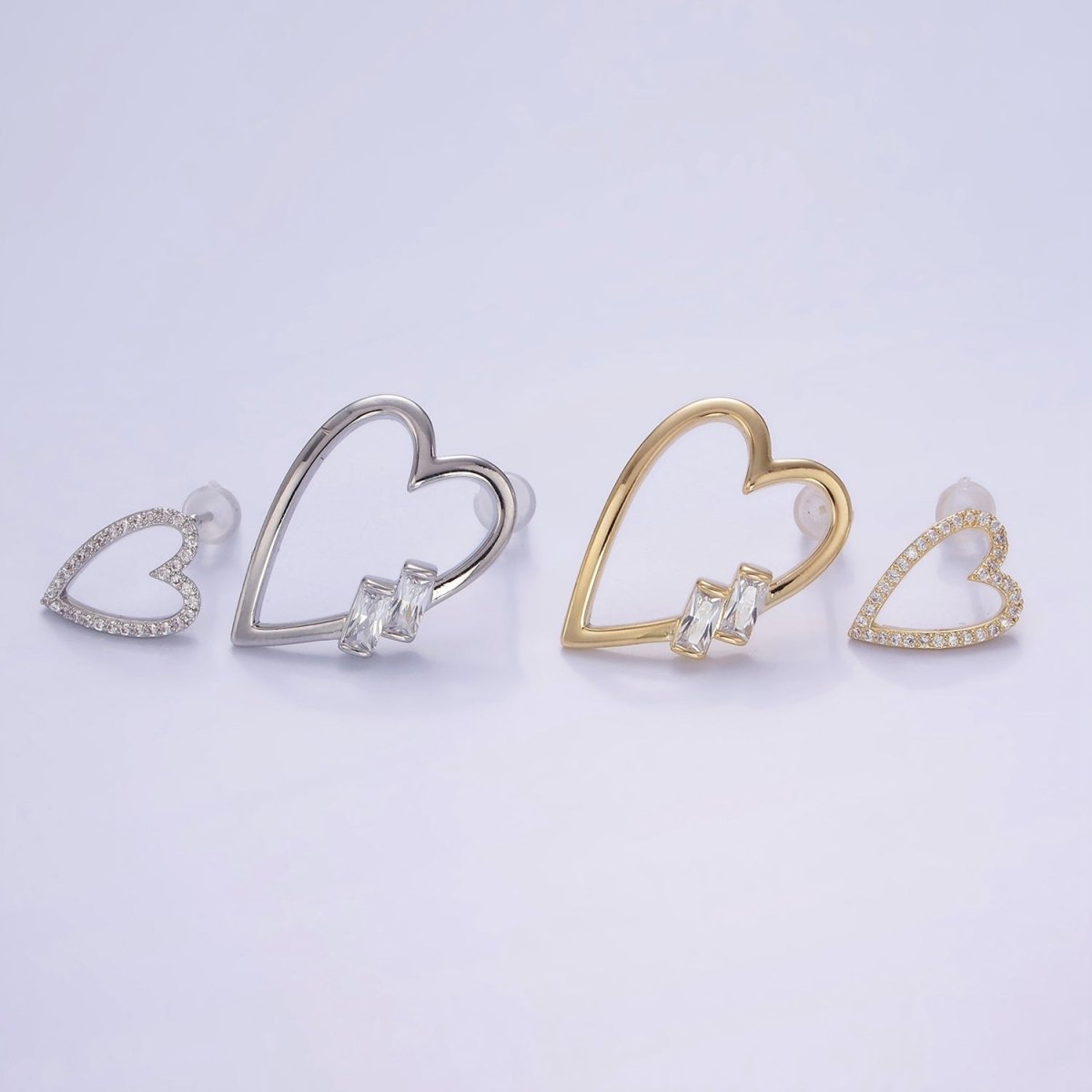 Gold Baguette Micro Paved CZ Open Heart Stud Earrings Set in Gold & Silver | AE484 AE485 - DLUXCA