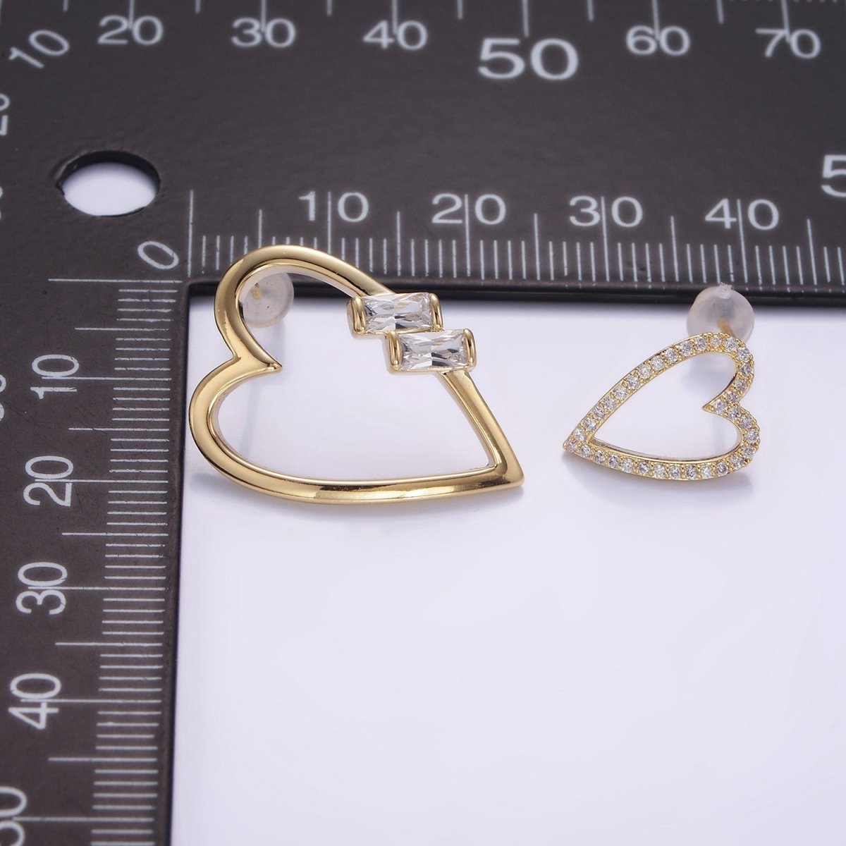 Gold Baguette Micro Paved CZ Open Heart Stud Earrings Set in Gold & Silver | AE484 AE485 - DLUXCA