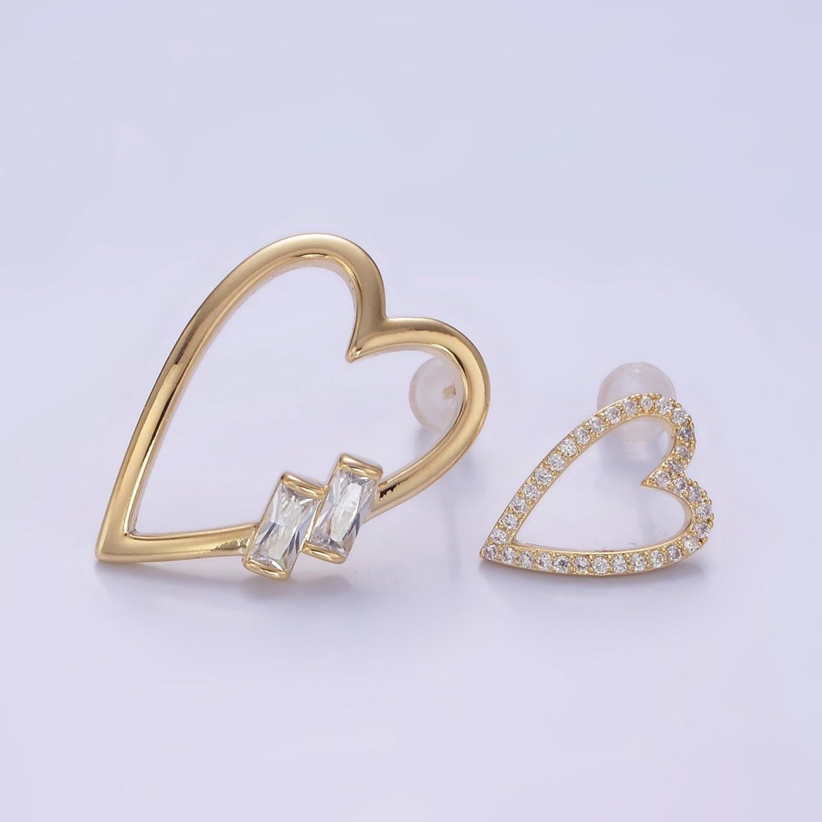 Gold Baguette Micro Paved CZ Open Heart Stud Earrings Set in Gold & Silver | AE484 AE485 - DLUXCA