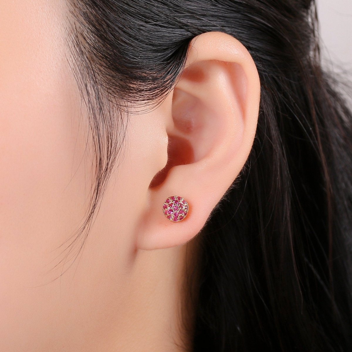 Gold Ball Stud Earrings Set, 14k Gold Plated Sterling Silver Hypoallergenic Jewelry Micro Pave Fuschia Stud Q-259 - DLUXCA