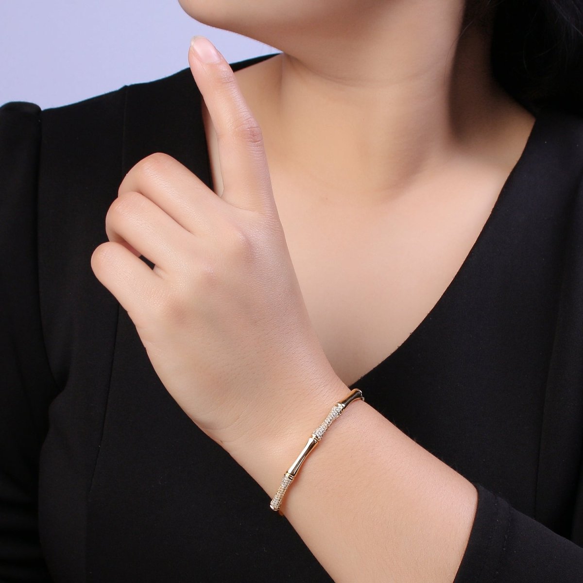 Gold Bamboo Bracelet, Silver Cuff Bangle Bracelet CZ Gold Bamboo Bangle, Adjustable Stackable Jewelry Minimalist Open Bracelet | WA-698 WA-699 Clearance Pricing - DLUXCA