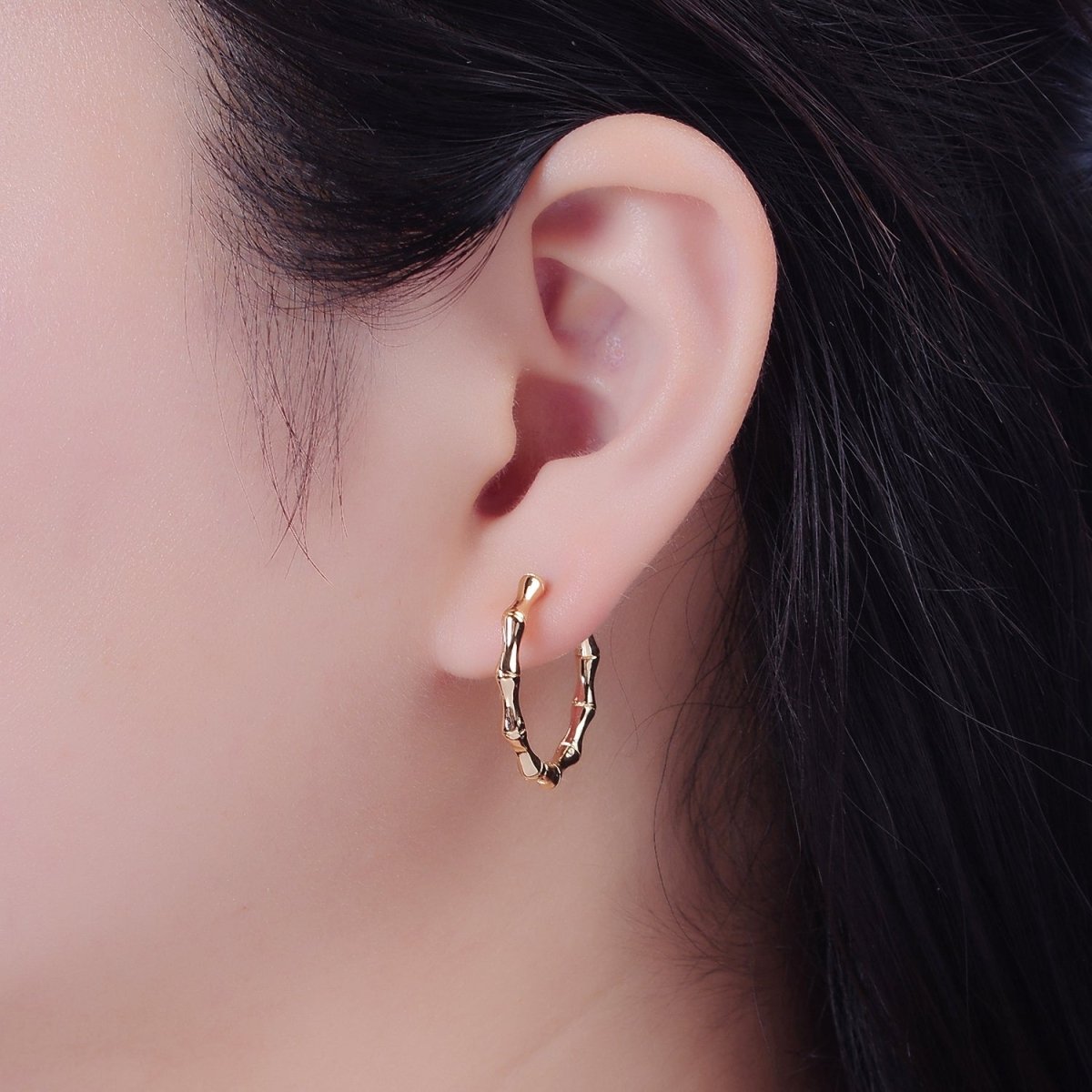 Gold Bamboo Hoop Earrings, Everyday Hoops, Minimalist Gold Hoop T-429 - DLUXCA