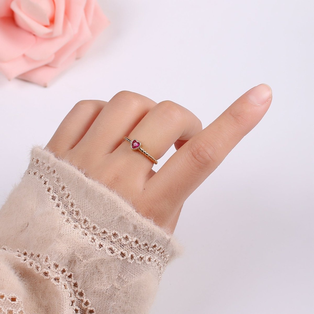 Gold Bead ring, Gold stacking ring, Dainty ring, thick gold ring, gold ring, bead ring, Heart Cz ring, gold stacking ring, beaded ring - DLUXCA