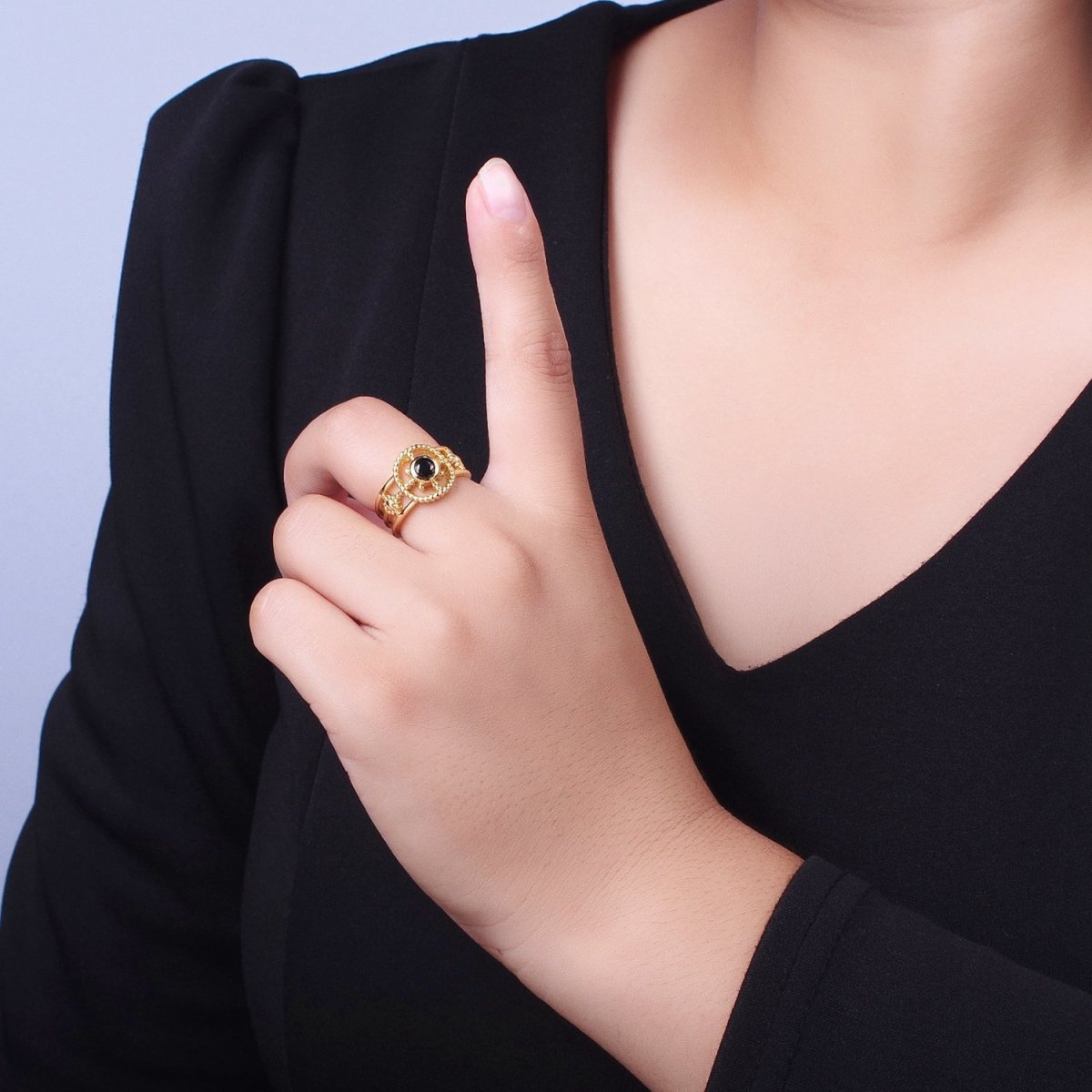 Gold Beaded Celestial Sun CZ Cubic Zirconia Double Band Ring | Y-380 ~ Y-385 - DLUXCA