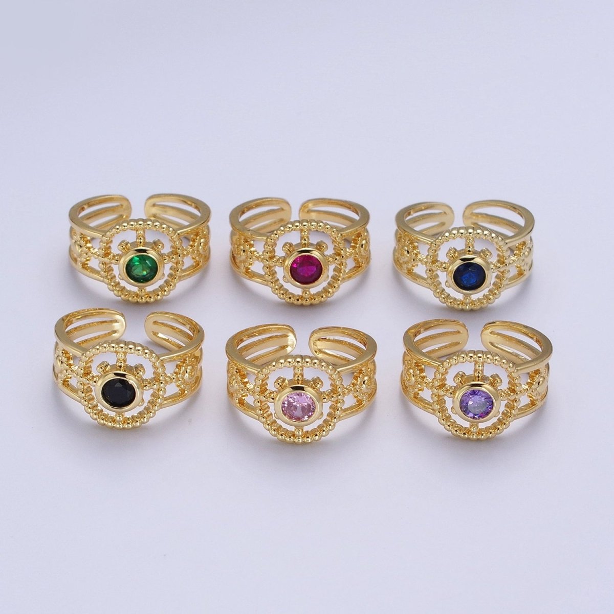 Gold Beaded Celestial Sun CZ Cubic Zirconia Double Band Ring | Y-380 ~ Y-385 - DLUXCA