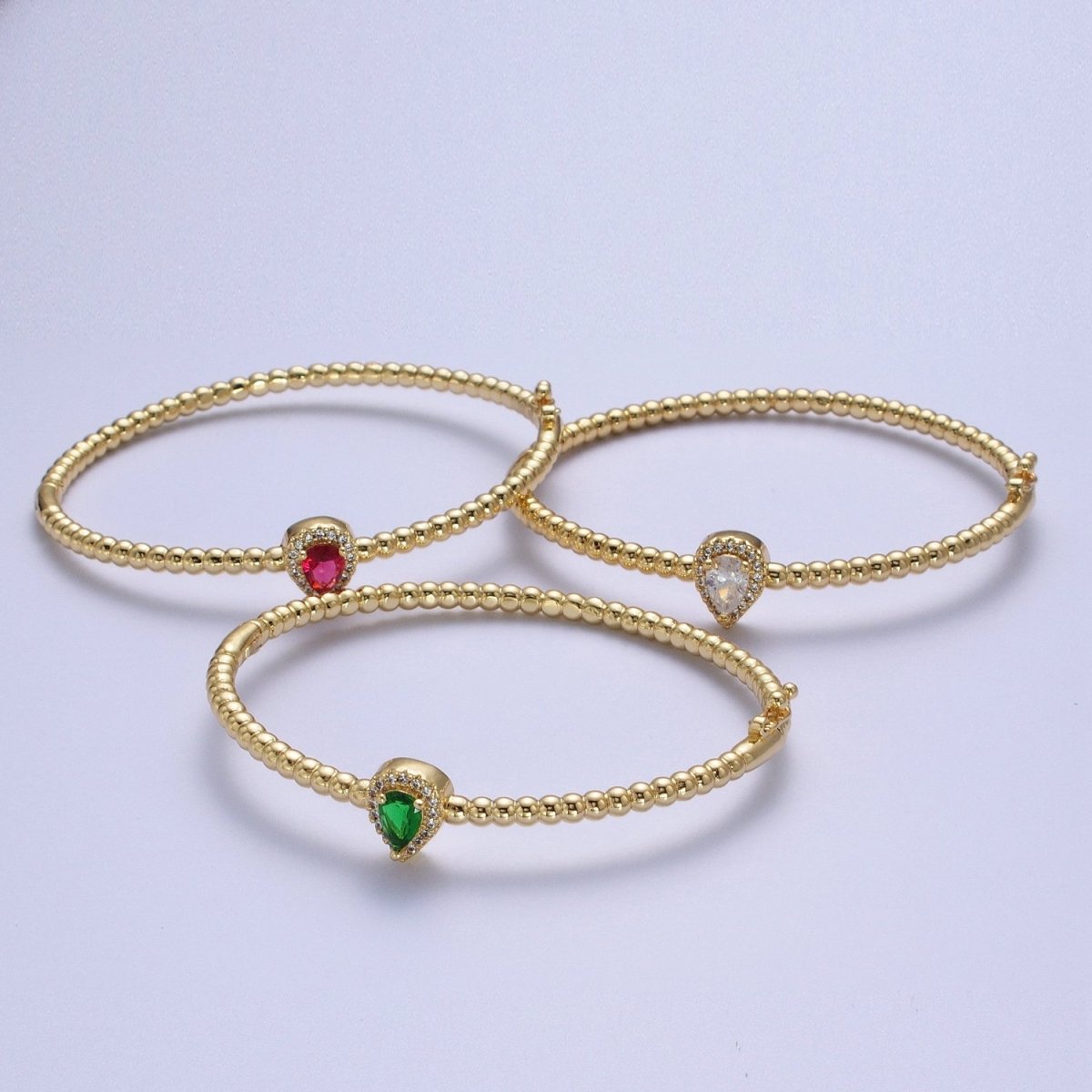 Gold Beaded Clear, Fuchsia, Green Micro Paved Teardrop Cubic Zirconia Bangle Bracelet | WA-1163 WA-1164 WA-1165 Clearance Pricing - DLUXCA