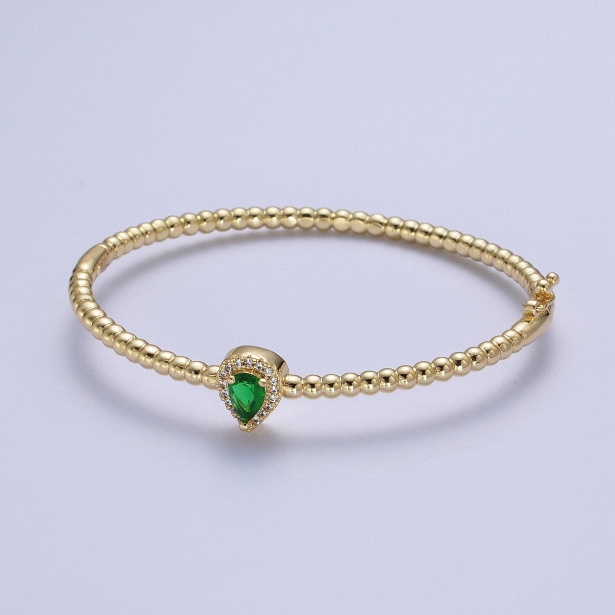 Gold Beaded Clear, Fuchsia, Green Micro Paved Teardrop Cubic Zirconia Bangle Bracelet | WA-1163 WA-1164 WA-1165 Clearance Pricing - DLUXCA