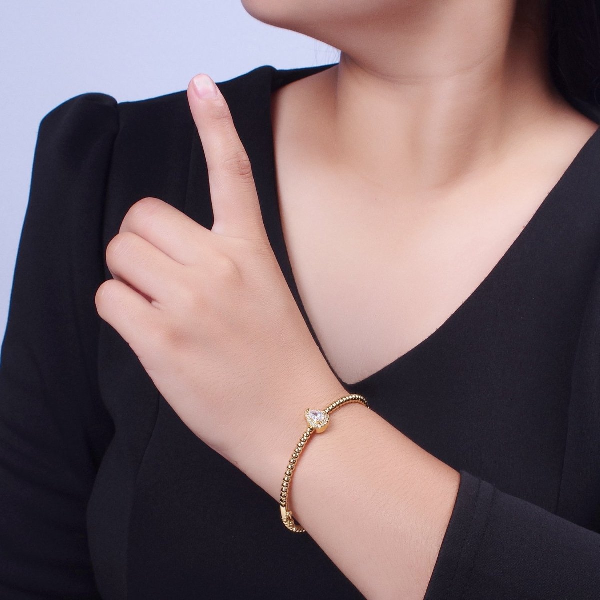 Gold Beaded Clear, Fuchsia, Green Micro Paved Teardrop Cubic Zirconia Bangle Bracelet | WA-1163 WA-1164 WA-1165 Clearance Pricing - DLUXCA