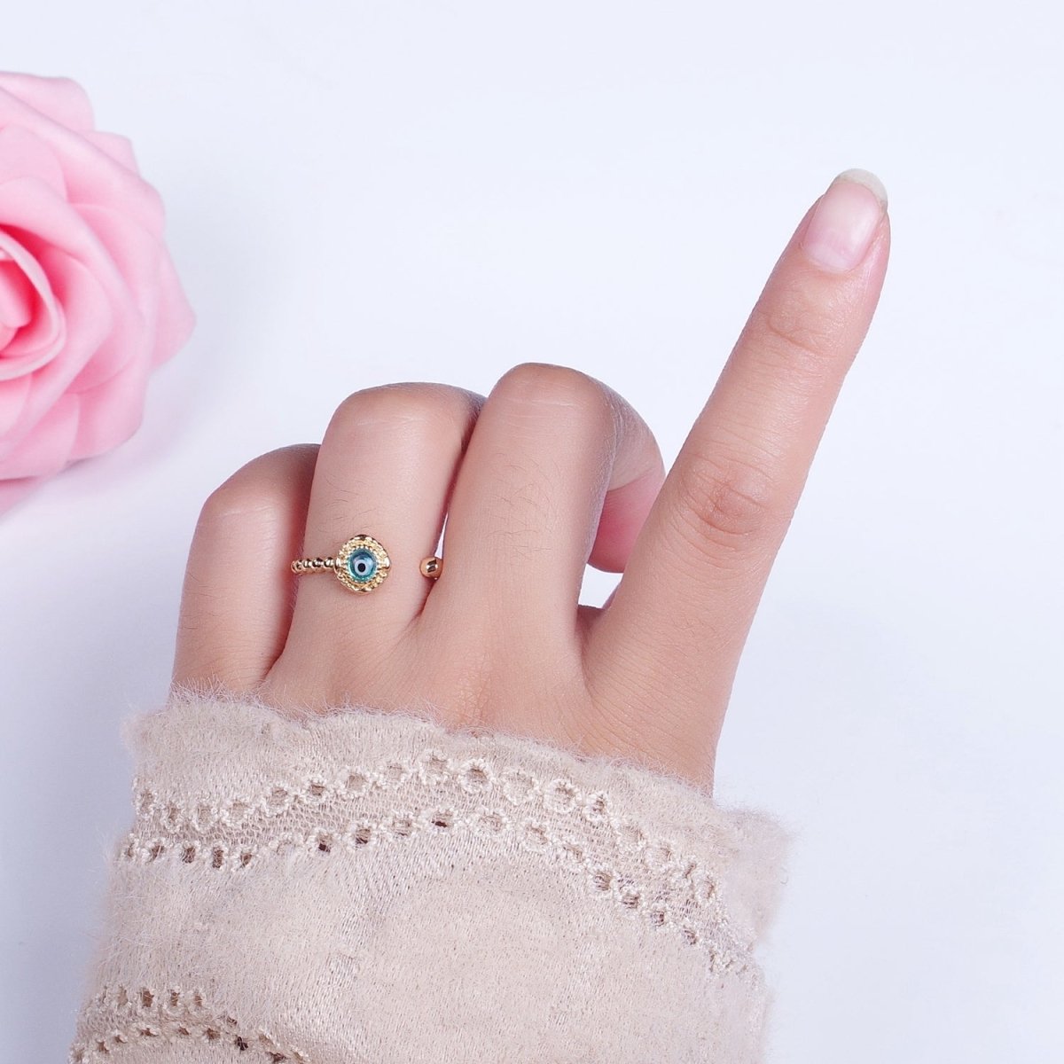 Gold Beaded Evil Eye Green Red Teal Blue Resin Adjustable Ring Protection Jewelry | X-565-X-568 - DLUXCA