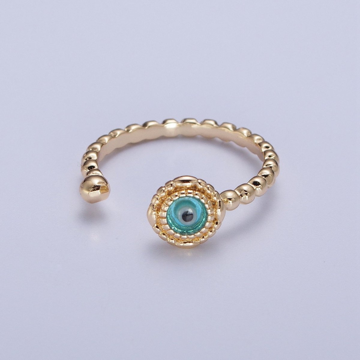 Gold Beaded Evil Eye Green Red Teal Blue Resin Adjustable Ring Protection Jewelry | X-565-X-568 - DLUXCA