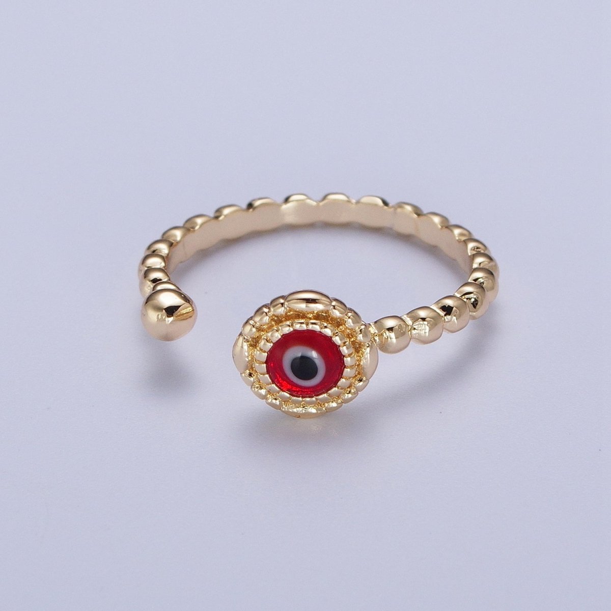 Gold Beaded Evil Eye Green Red Teal Blue Resin Adjustable Ring Protection Jewelry | X-565-X-568 - DLUXCA
