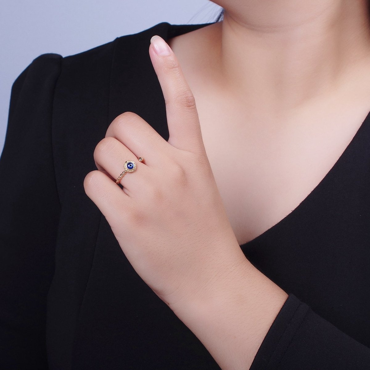 Gold Beaded Evil Eye Green Red Teal Blue Resin Adjustable Ring Protection Jewelry | X-565-X-568 - DLUXCA