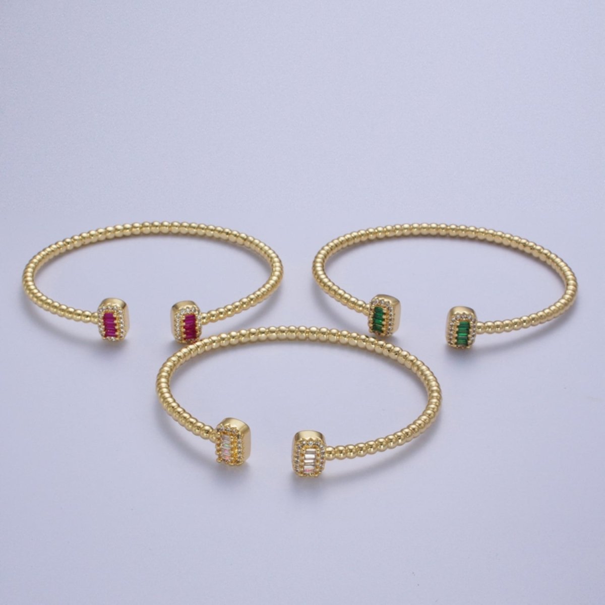 Gold Beaded Micro Paved Double Bar Clear Fuchsia Green Baguette Cubic Zirconia Bangle Bracelet | WA-1166 WA-1167 WA-1168 Clearance Pricing - DLUXCA