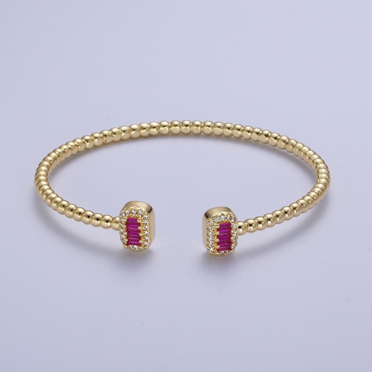 Gold Beaded Micro Paved Double Bar Clear Fuchsia Green Baguette Cubic Zirconia Bangle Bracelet | WA-1166 WA-1167 WA-1168 Clearance Pricing - DLUXCA