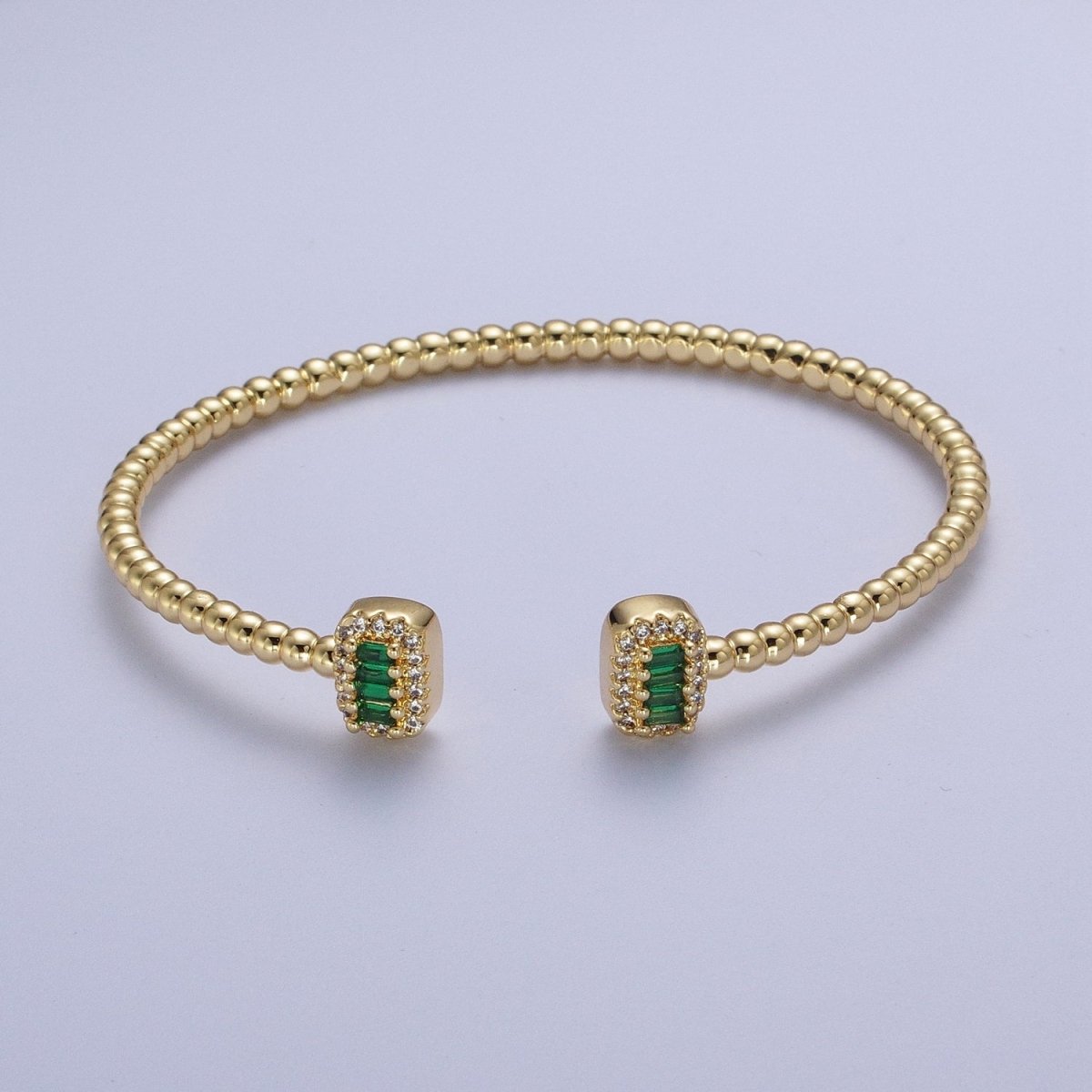 Gold Beaded Micro Paved Double Bar Clear Fuchsia Green Baguette Cubic Zirconia Bangle Bracelet | WA-1166 WA-1167 WA-1168 Clearance Pricing - DLUXCA