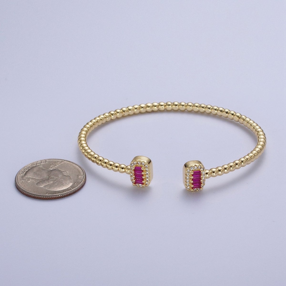 Gold Beaded Micro Paved Double Bar Clear Fuchsia Green Baguette Cubic Zirconia Bangle Bracelet | WA-1166 WA-1167 WA-1168 Clearance Pricing - DLUXCA