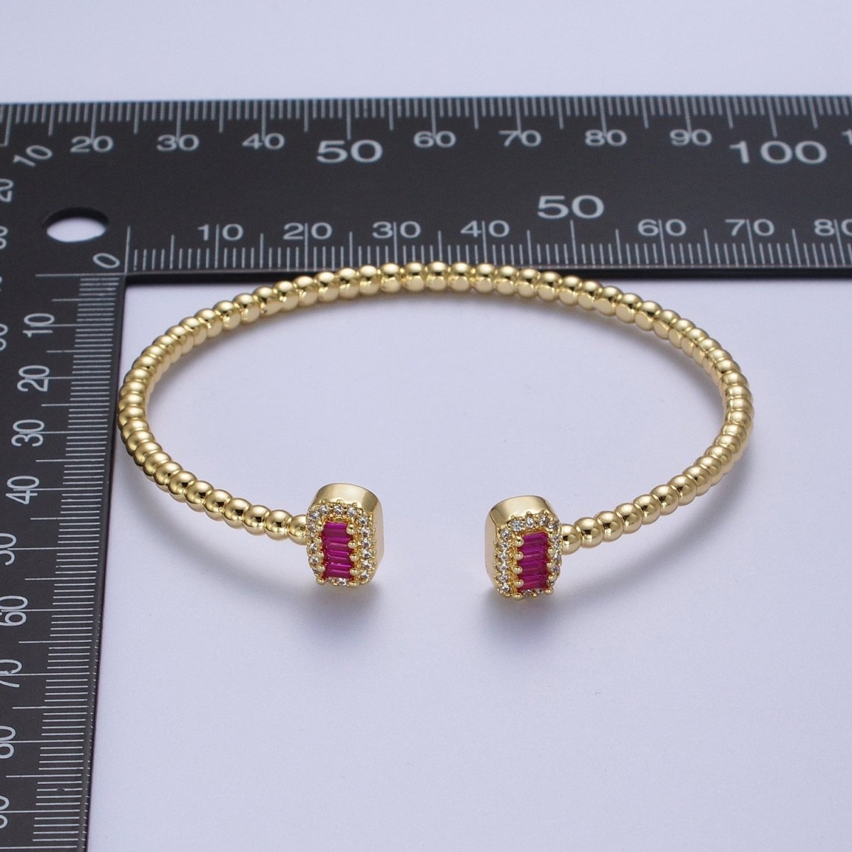 Gold Beaded Micro Paved Double Bar Clear Fuchsia Green Baguette Cubic Zirconia Bangle Bracelet | WA-1166 WA-1167 WA-1168 Clearance Pricing - DLUXCA