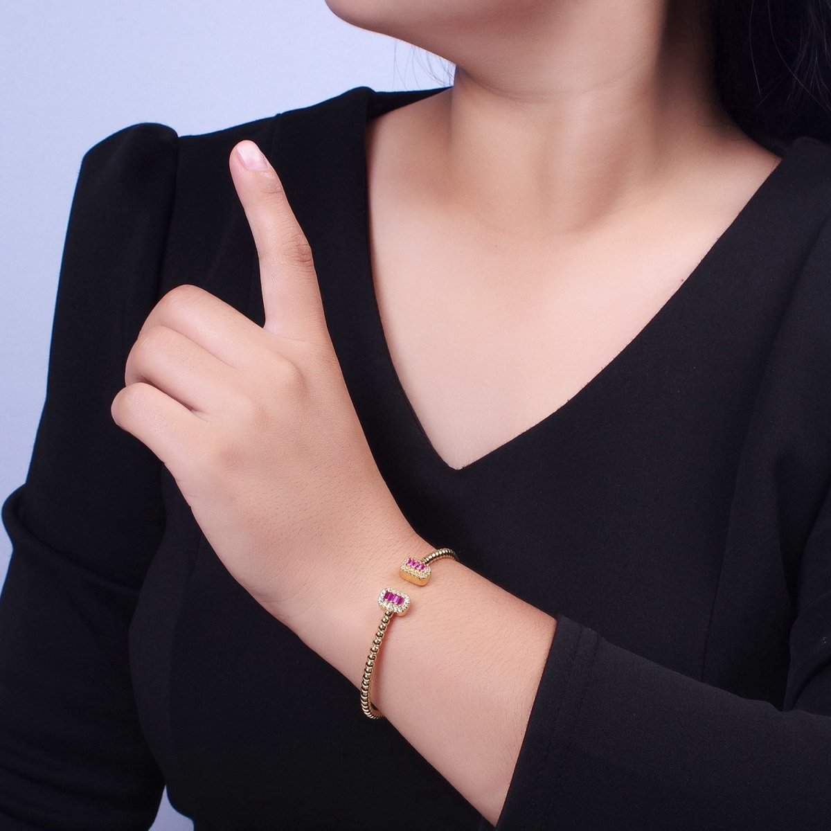 Gold Beaded Micro Paved Double Bar Clear Fuchsia Green Baguette Cubic Zirconia Bangle Bracelet | WA-1166 WA-1167 WA-1168 Clearance Pricing - DLUXCA