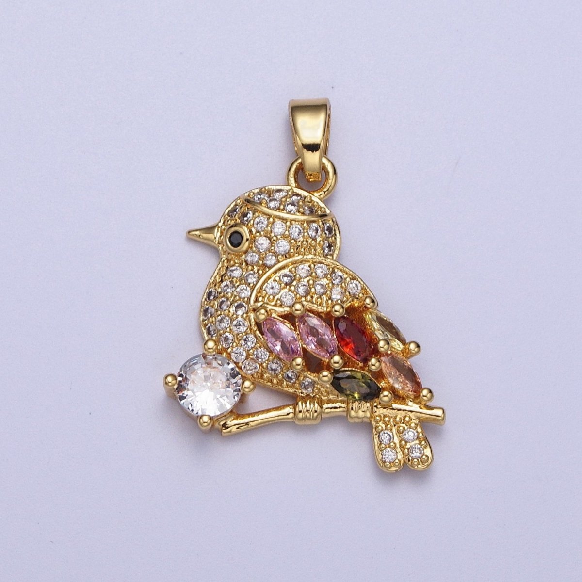 Gold Bird on Tree Branch Round Marquise Cubic Zirconia Animal Nature Jewelry | X-549 - DLUXCA