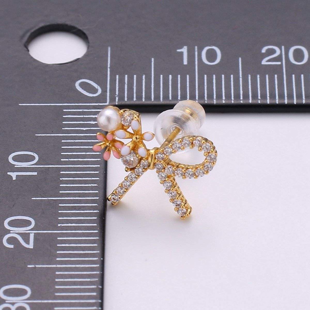Gold Bow Earrings- 24k Gold Tiny Dainty Small Bow White CZ Gem Minimalist Jewelry Studs for Women Q-384 Q-385 - DLUXCA