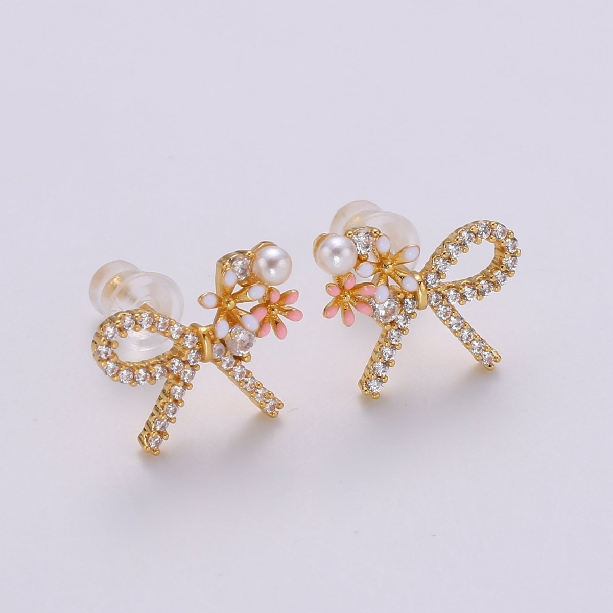 Gold Bow Earrings- 24k Gold Tiny Dainty Small Bow White CZ Gem Minimalist Jewelry Studs for Women Q-384 Q-385 - DLUXCA