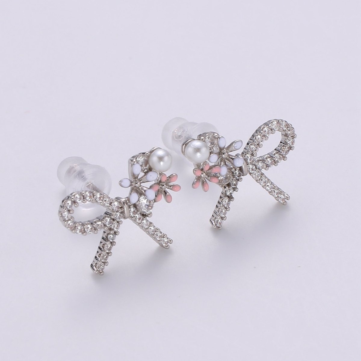 Gold Bow Earrings- 24k Gold Tiny Dainty Small Bow White CZ Gem Minimalist Jewelry Studs for Women Q-384 Q-385 - DLUXCA