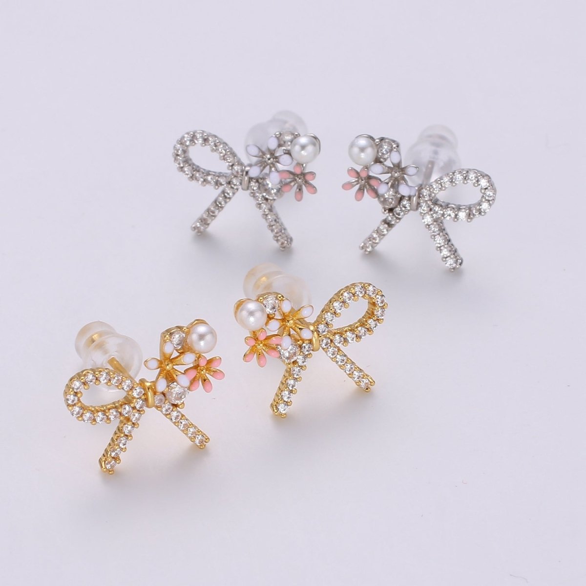 Gold Bow Earrings- 24k Gold Tiny Dainty Small Bow White CZ Gem Minimalist Jewelry Studs for Women Q-384 Q-385 - DLUXCA