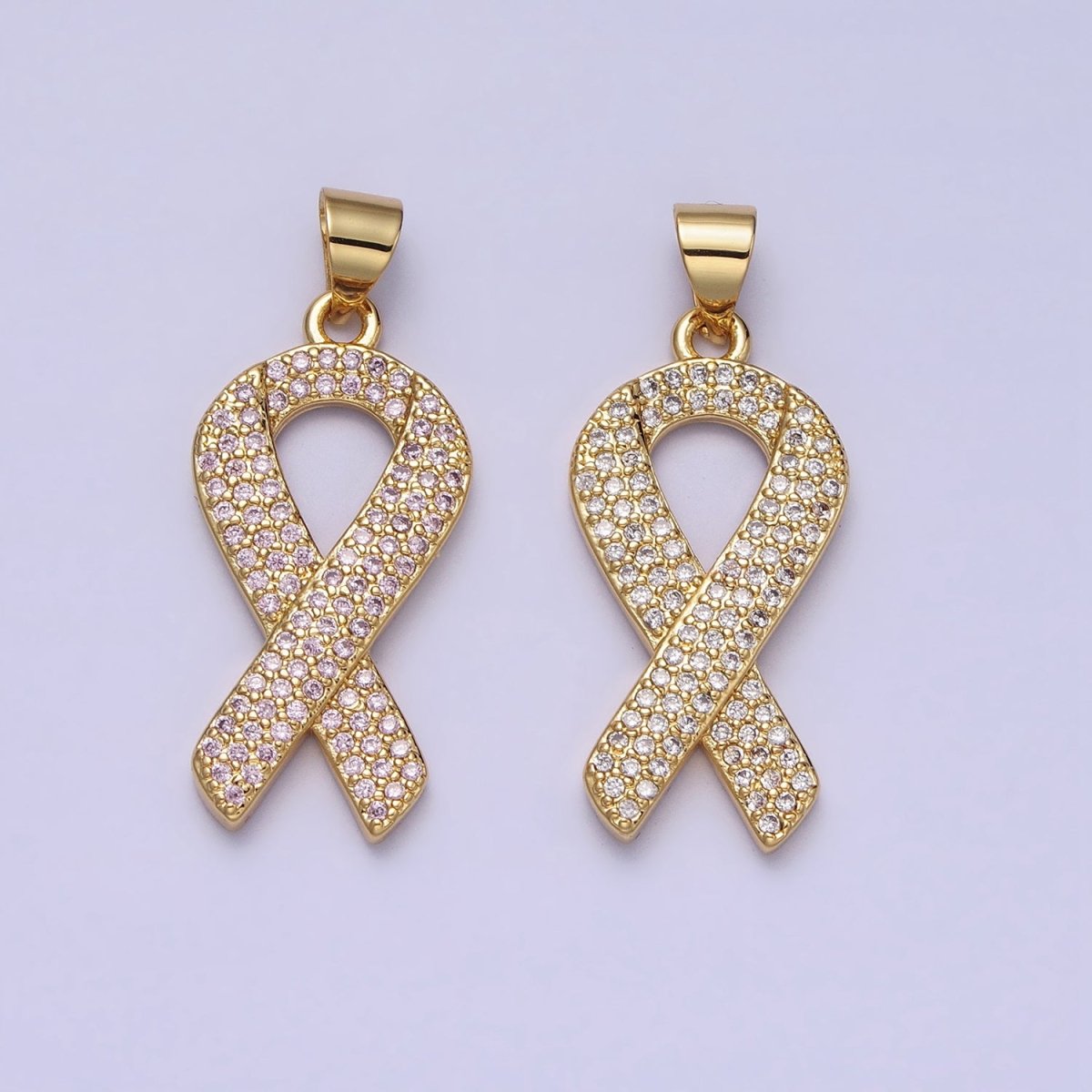 Gold Breast Cancer Awareness Ribbon Clear, Pink Micro Paved CZ Pendant | AA163 AA164 - DLUXCA