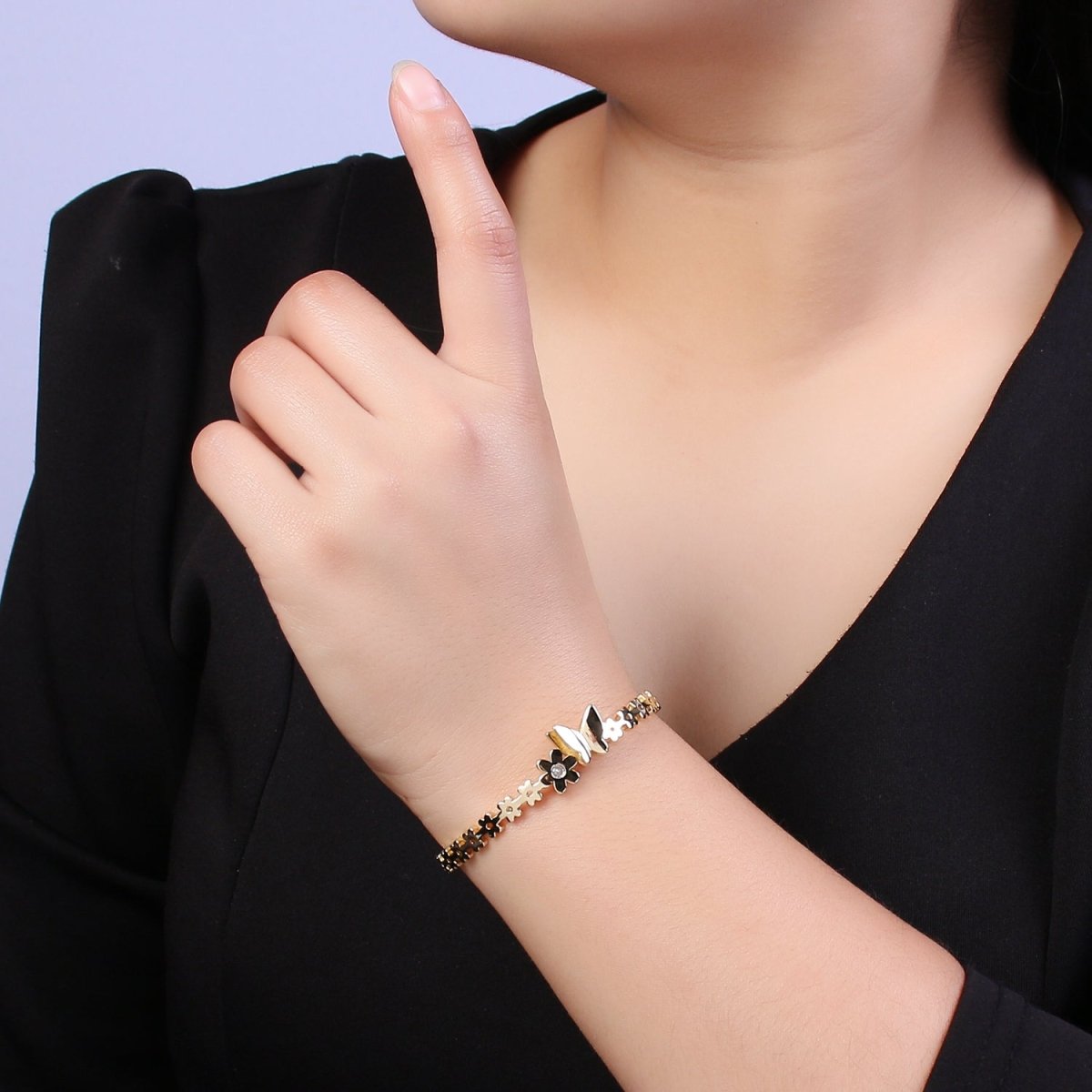 Gold Butterfly Bracelet Whimsical Flower Floral Bangle Bracelet Open Adjustable Jewelry | WA-778 Clearance Pricing - DLUXCA