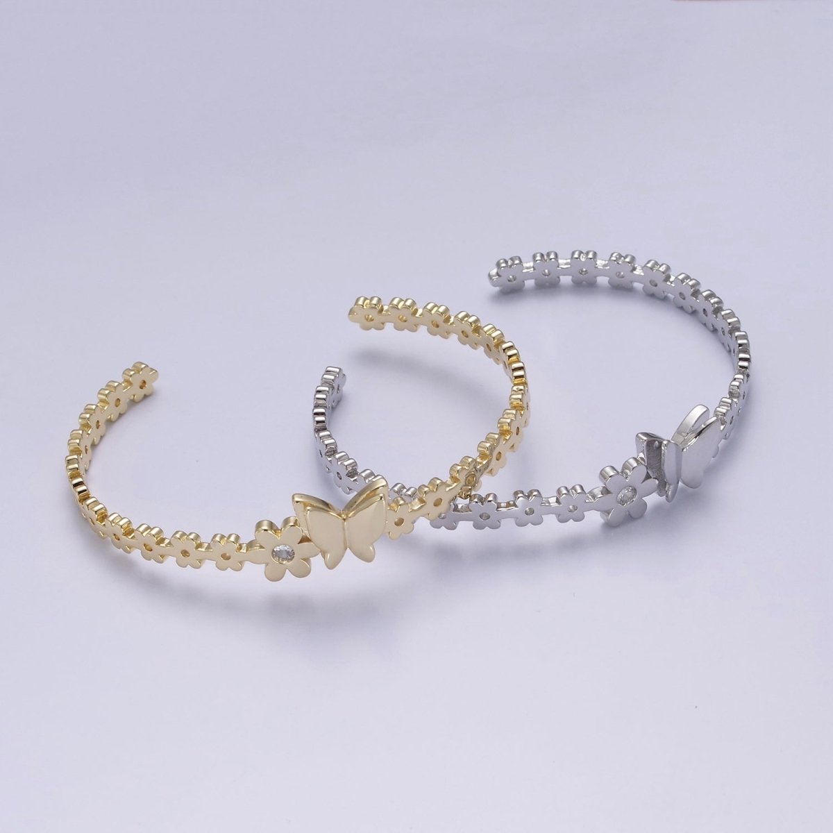 Gold Butterfly Bracelet Whimsical Flower Floral Bangle Bracelet Open Adjustable Jewelry | WA-778 Clearance Pricing - DLUXCA